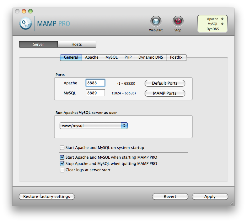 MAMP Pro Settings
